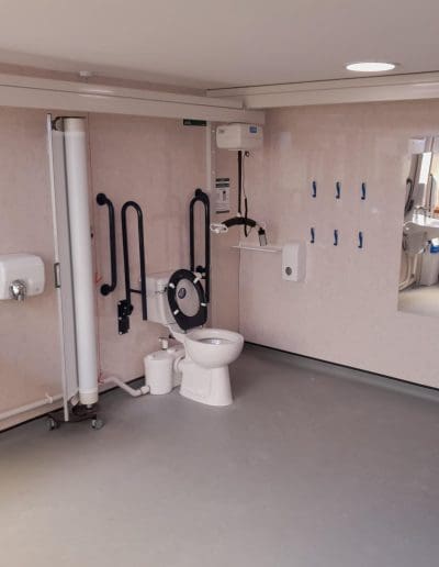 Dales Countryside Museum Changing Places Toilet - view of Changing Table, Toilet, Privacy Screen, Overhead Hoist, Washbasin and Accessories