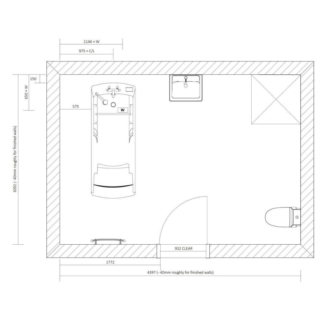 A CAD plan drawing of Dan's new bathroom, with a bath, washbasin, toilet and shower