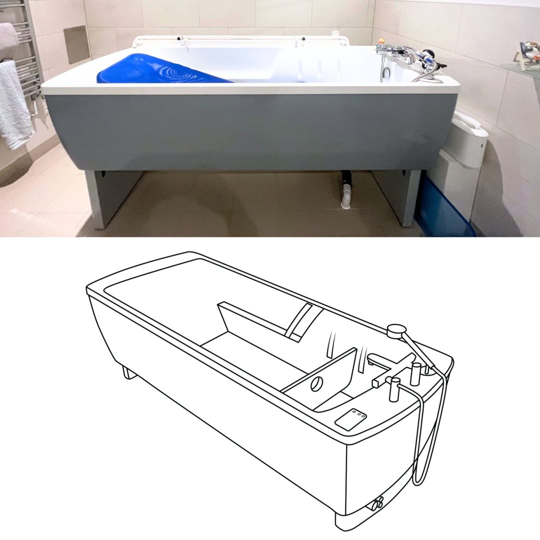 Two images of the Astor Comfort Bath - a photo and a line drawing