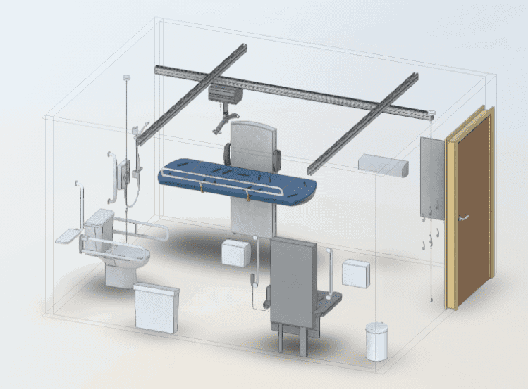 A 3d, exploded diagram of a Changing Places toilet
