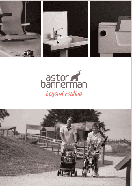 Astor Bannerman Brochure Front cover featuring a family, a bath, a basin and a changing table. Black and white