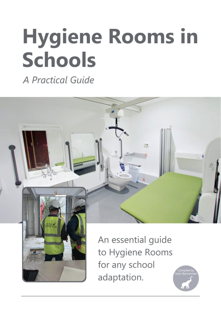 A picture of the front cover of the Bathroom Adaptations and DFG Funding Guide, with an image of a CAD bathroom design and someone installing a hoist
